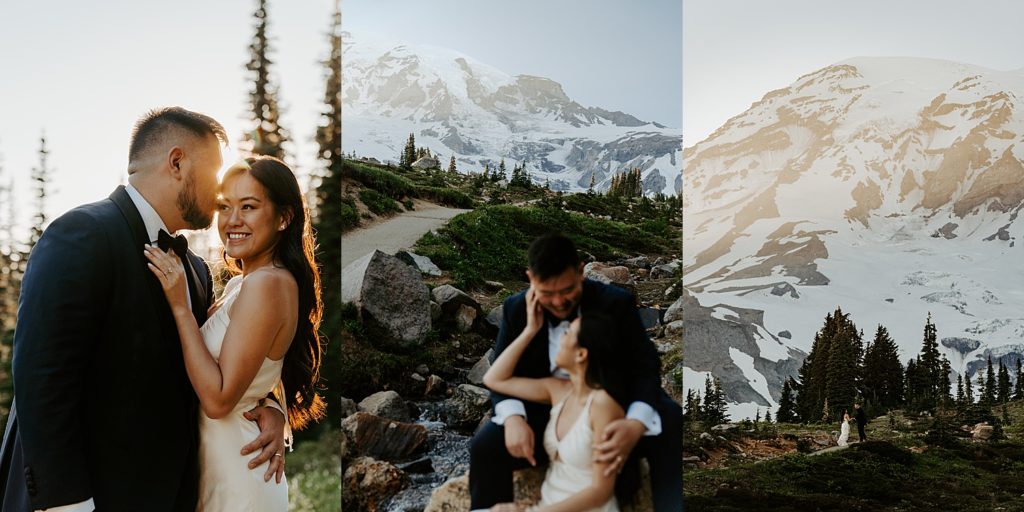 Three images of a couple eloping on trail in Mount Rainier National Park at sunset