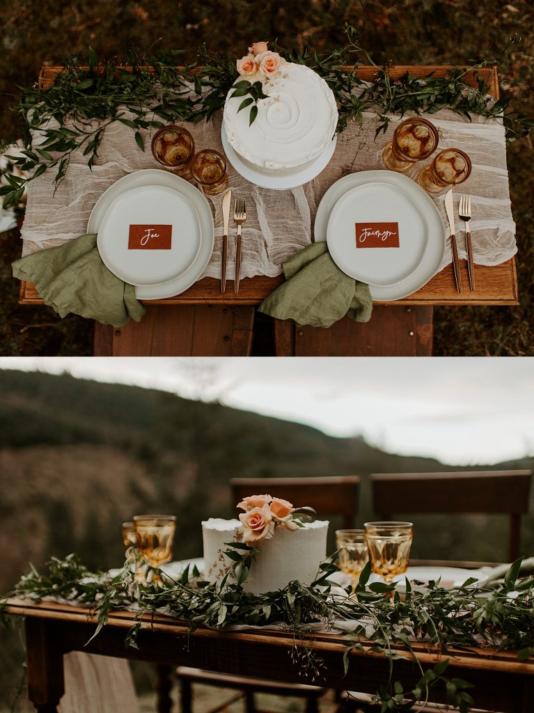 Elopement tablescape with greenery, small florals, earth tones, and a boho vibe.