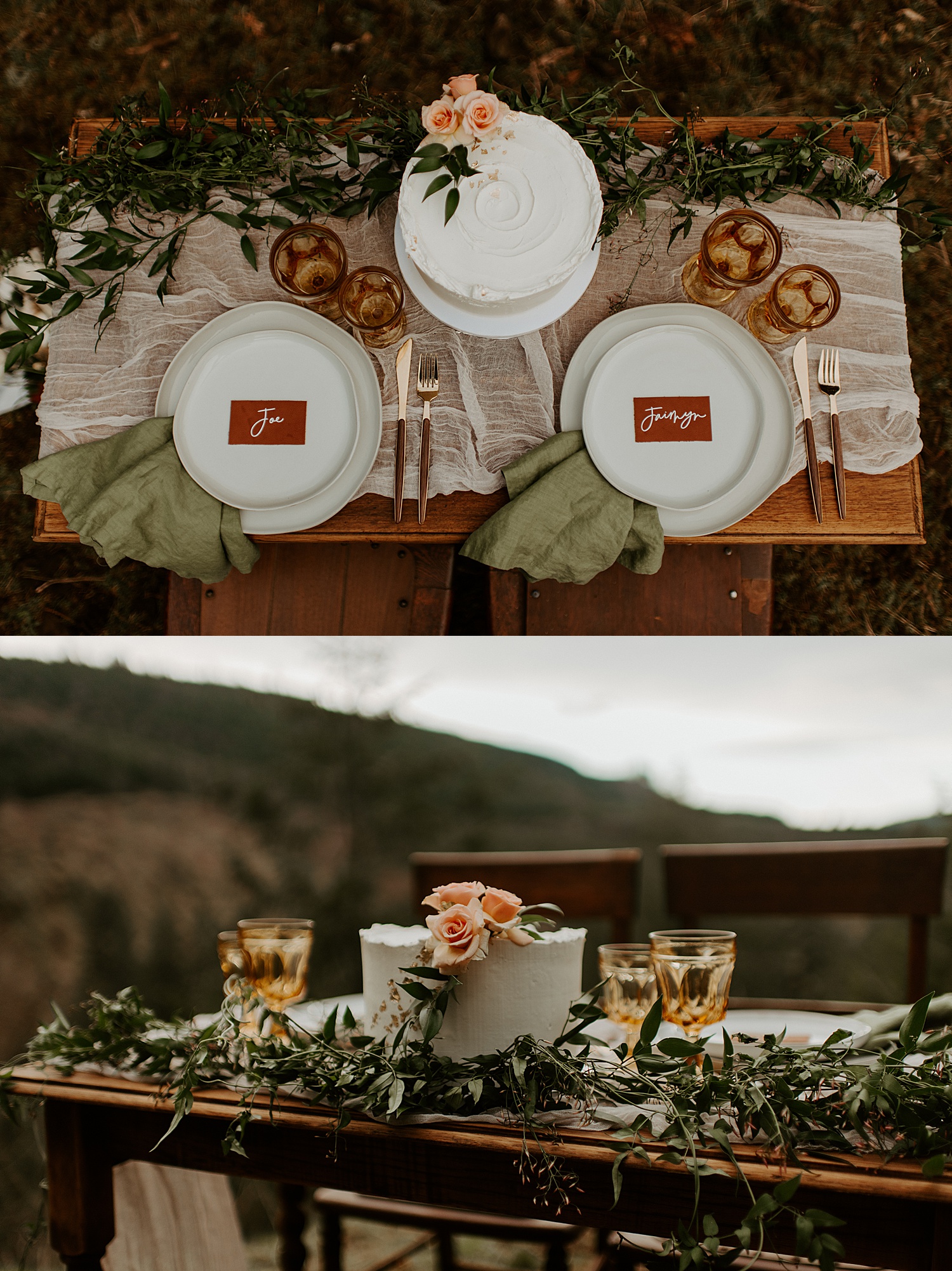 Elopement tablescape with greenery, small florals, earth tones, and a boho vibe.