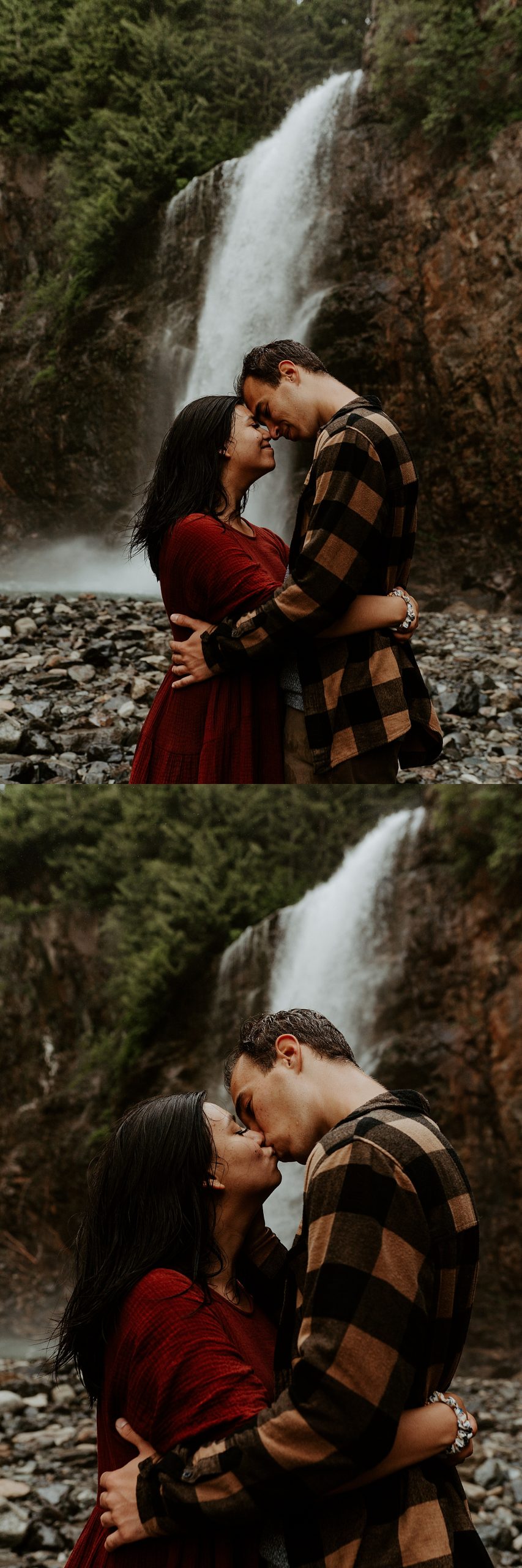 Couple kissing in front of a waterfall