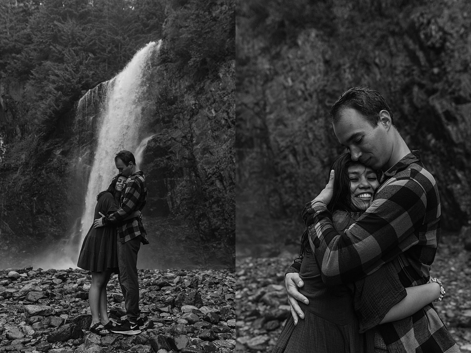 Black and white photos of a couple hugging in front of a waterfall