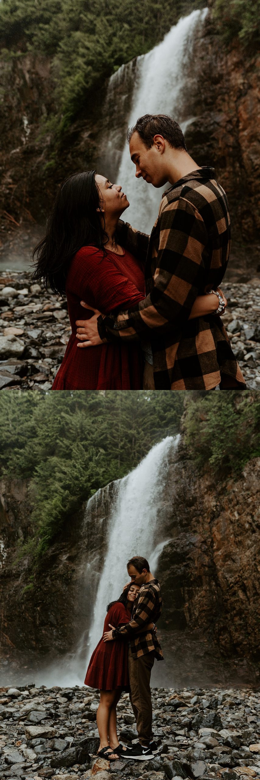 Couple embracing in front of a large waterfall