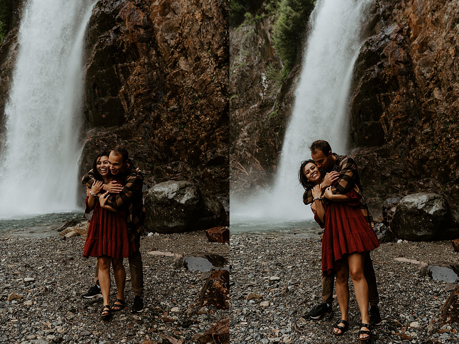 Couple hugging and kissing in front of a waterfall