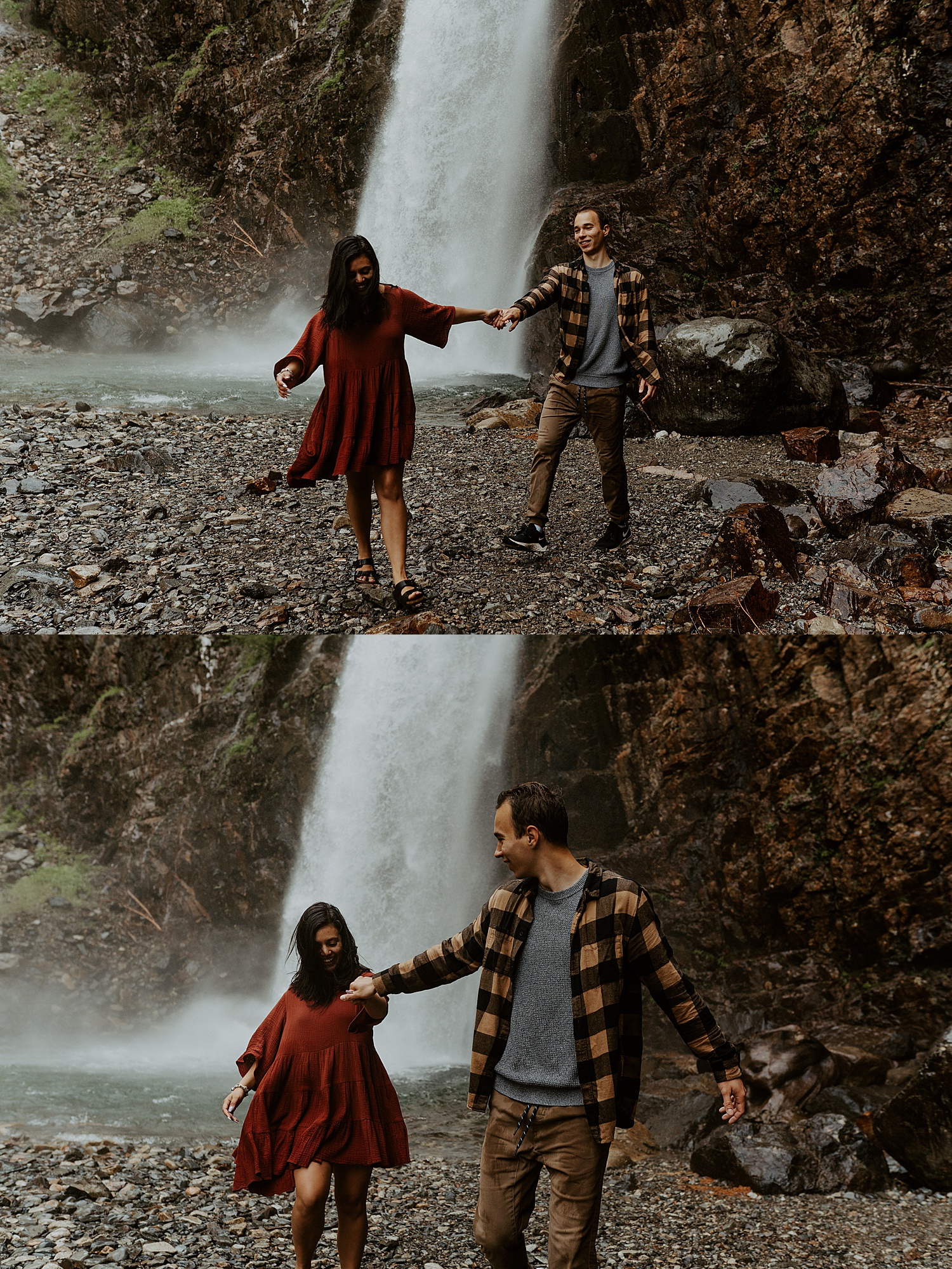 Couple holding hands and walking in front of a waterfall