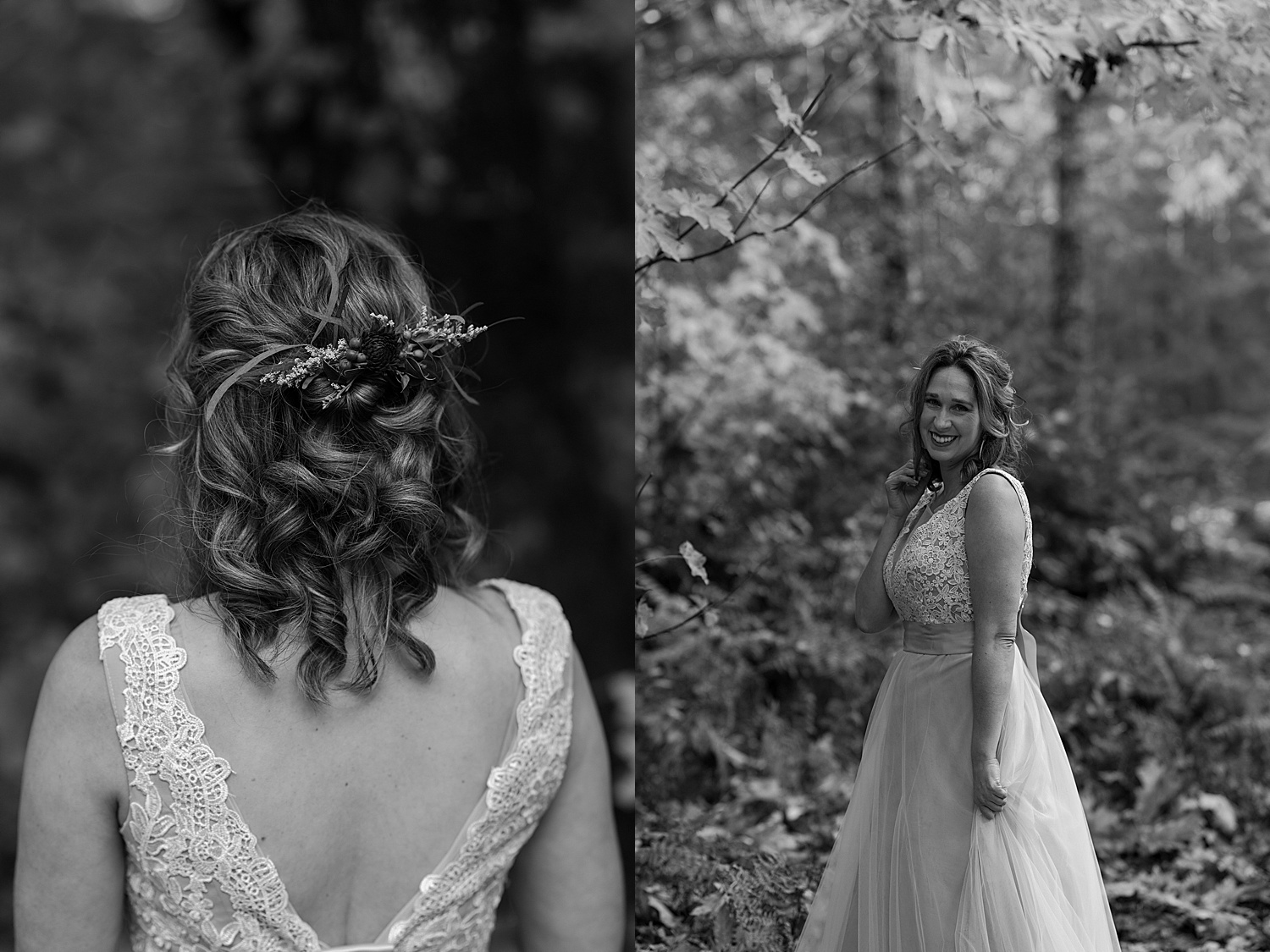 Fall black and white wedding portrait of the bride and her hair