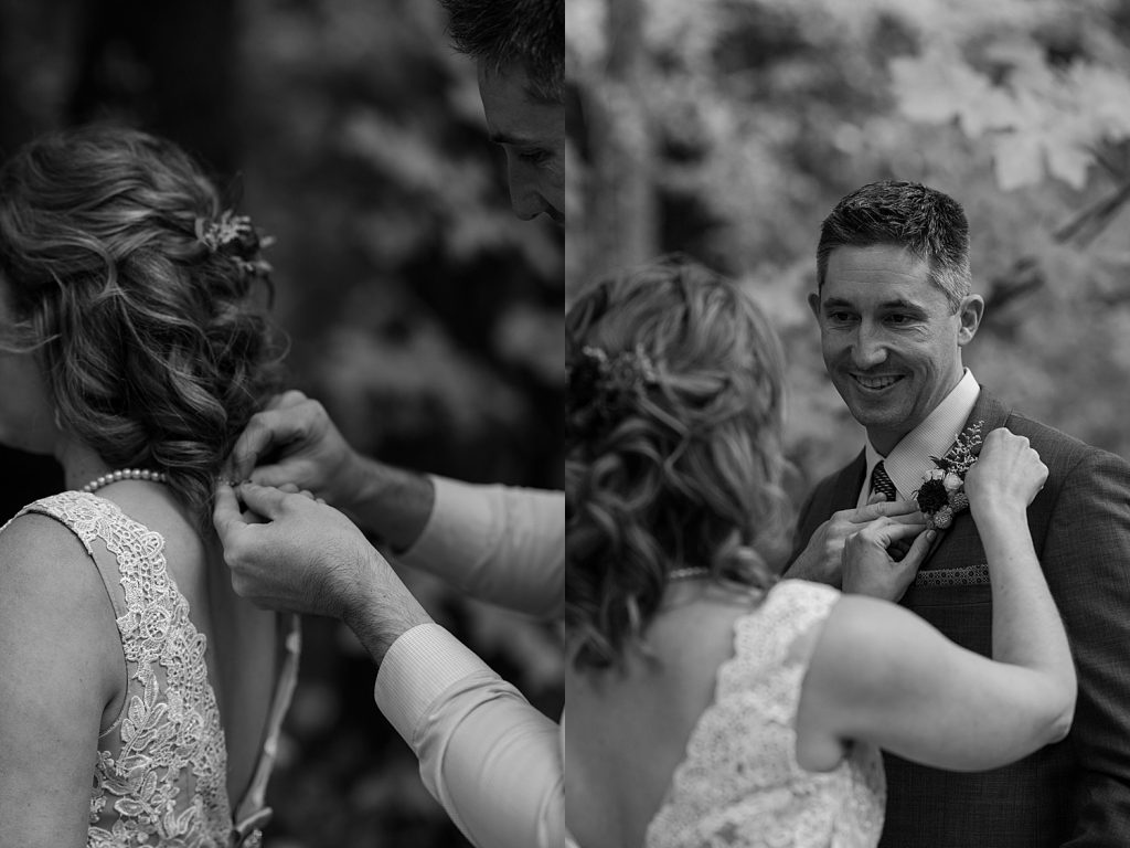 Fall elopement black and white images of the couple getting ready