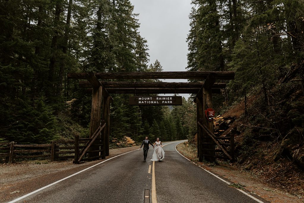 Mount Rainier National Park elopement with the park sign