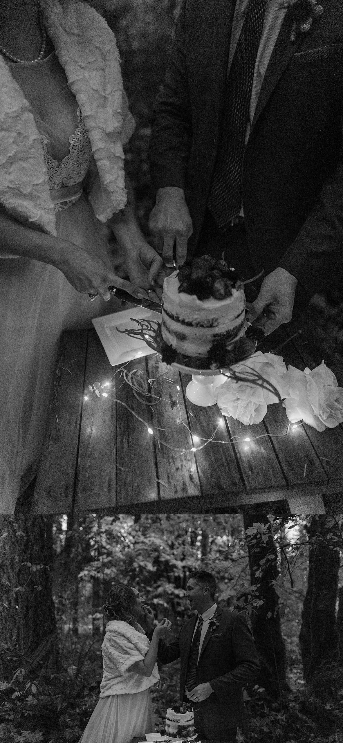 Black and white photos of a married couple eating cake