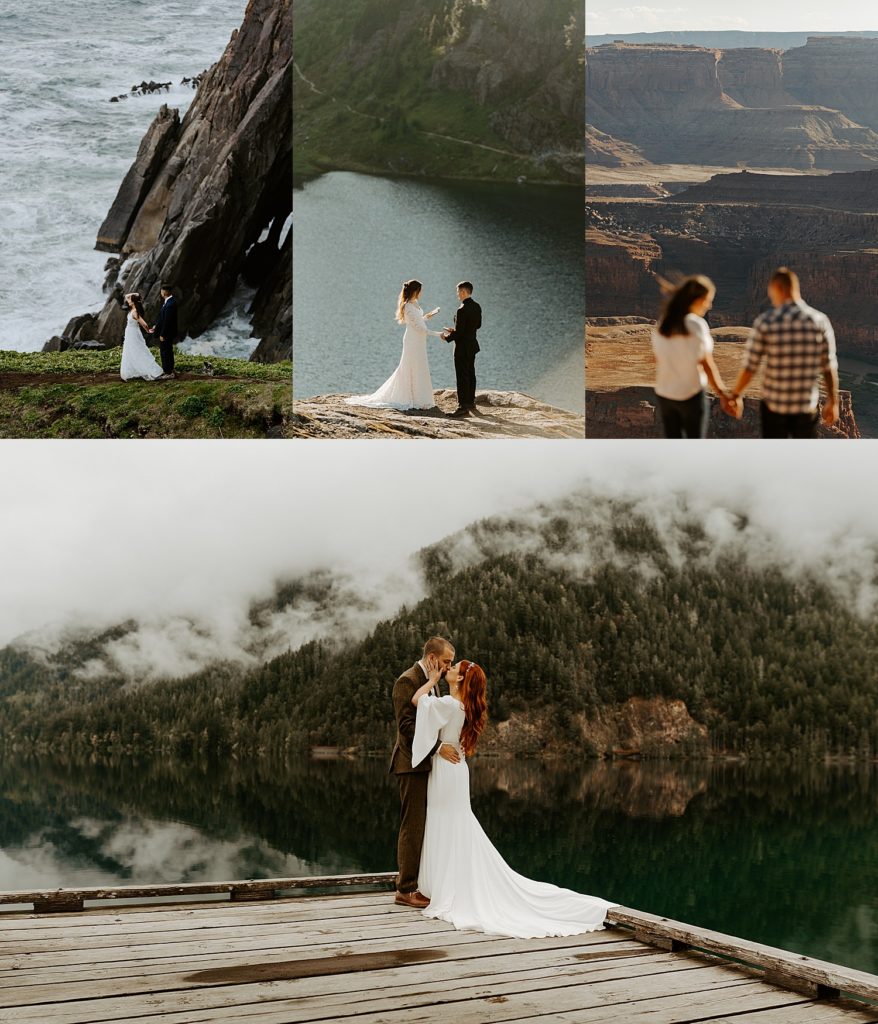 Four images of couples in different landscapes such as the Oregon Coast, the Washington mountains, Canyonlands, and eloping on a dock in th Olympic National Park 