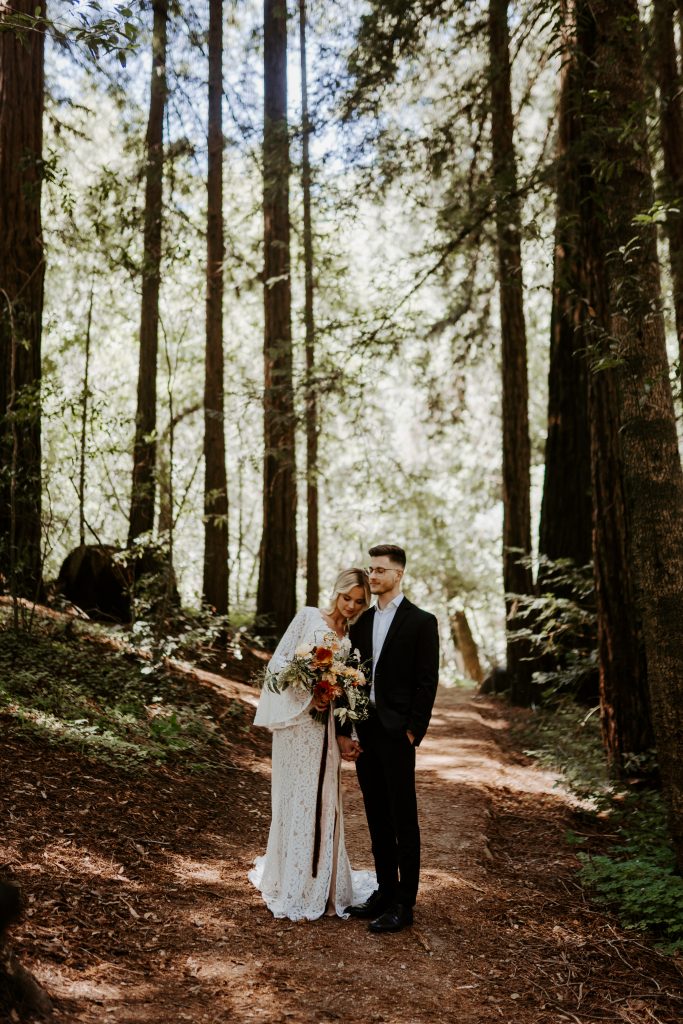 Boho couple eloping in Redwoods National Park, California