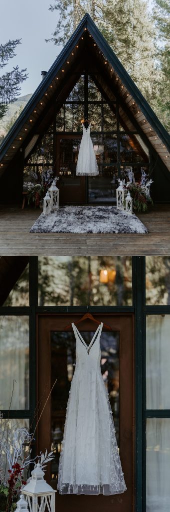 A-frame cabin with wedding dress