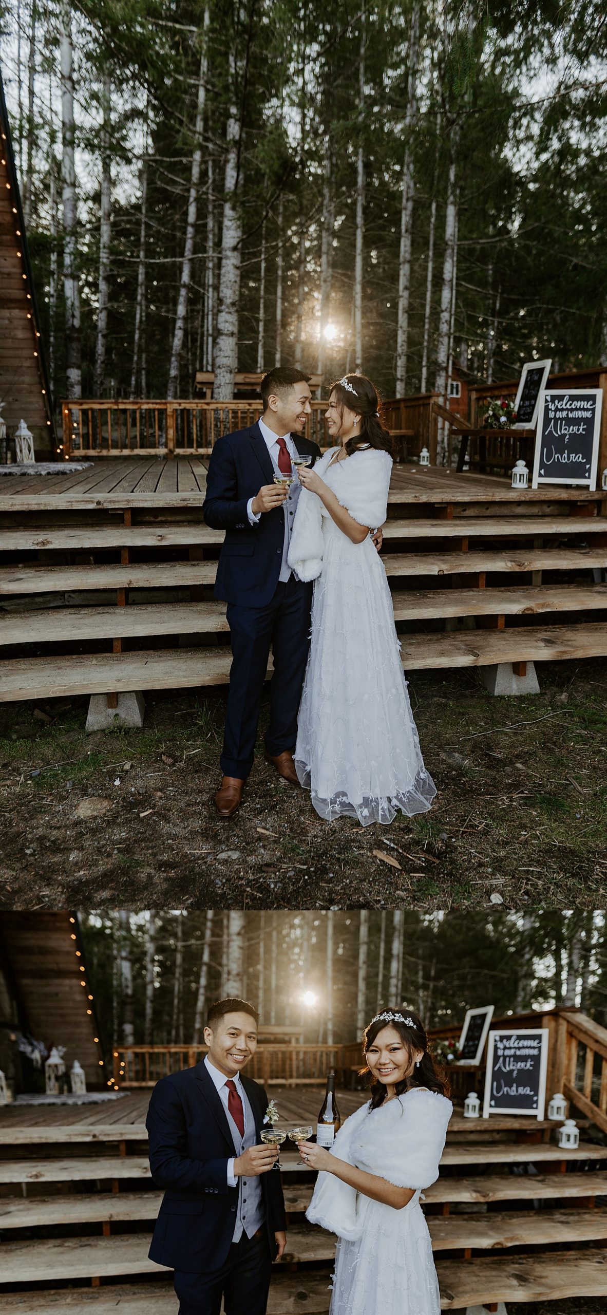 sunset bride and groom portraits with champagne