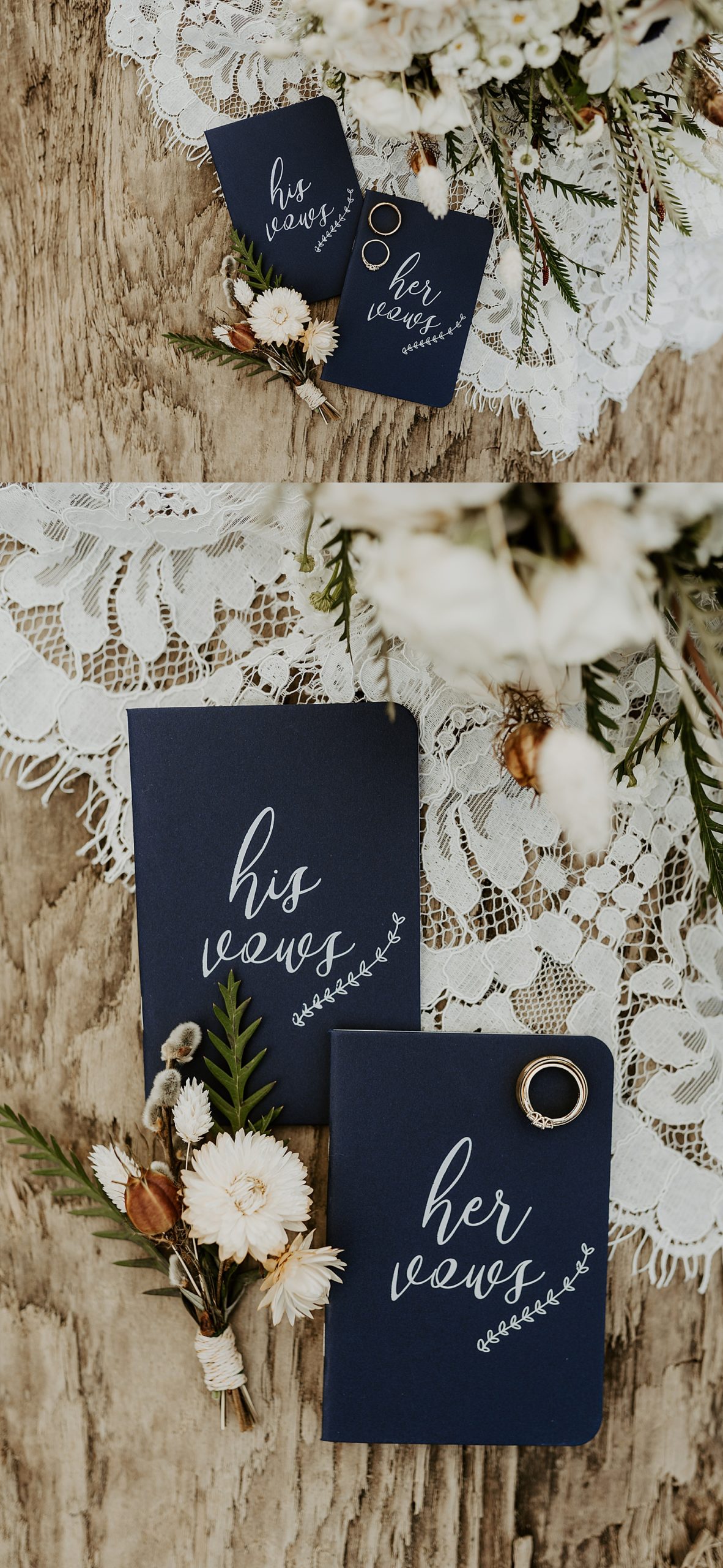 elopement details with a vow book, bouquet, and rings
