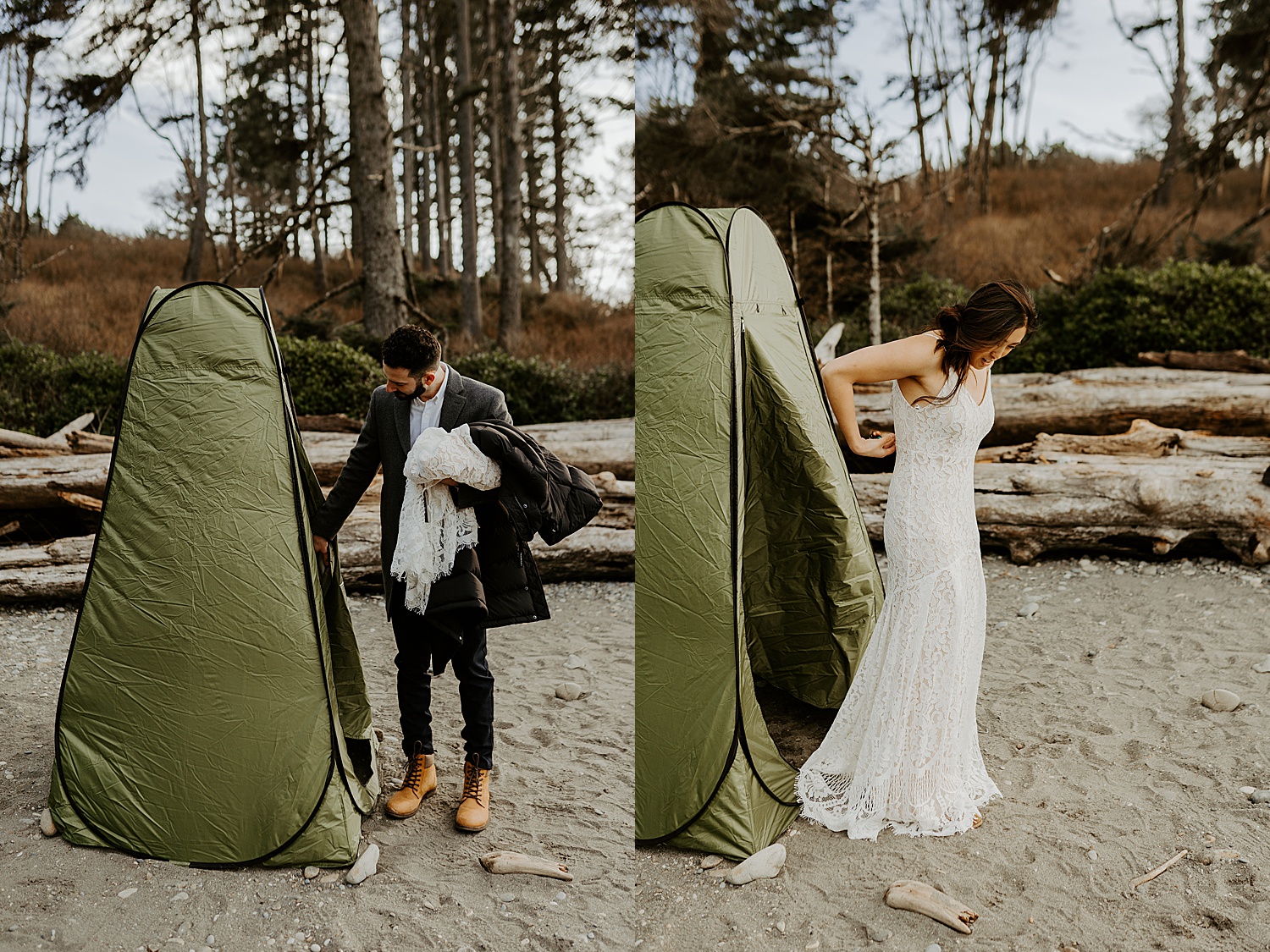 pop up changing tent for a washington coast elopement