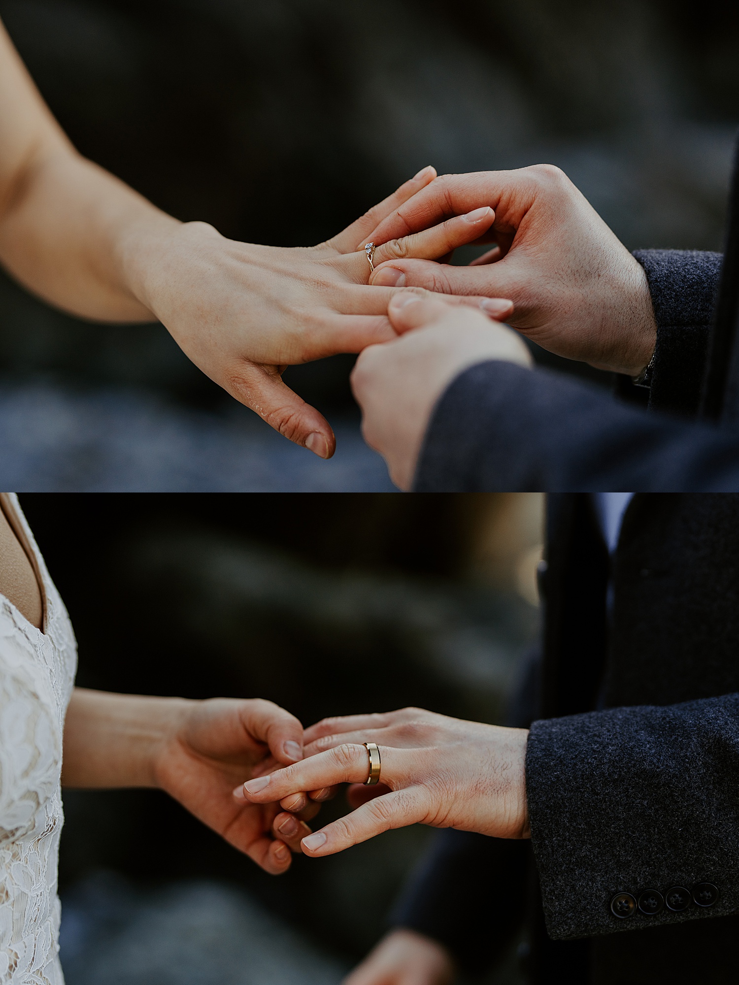 eloping couple putting rings on each other's fingers