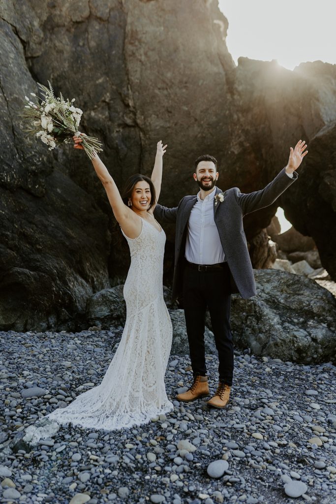 washington coast elopement with the couple celebrating being married