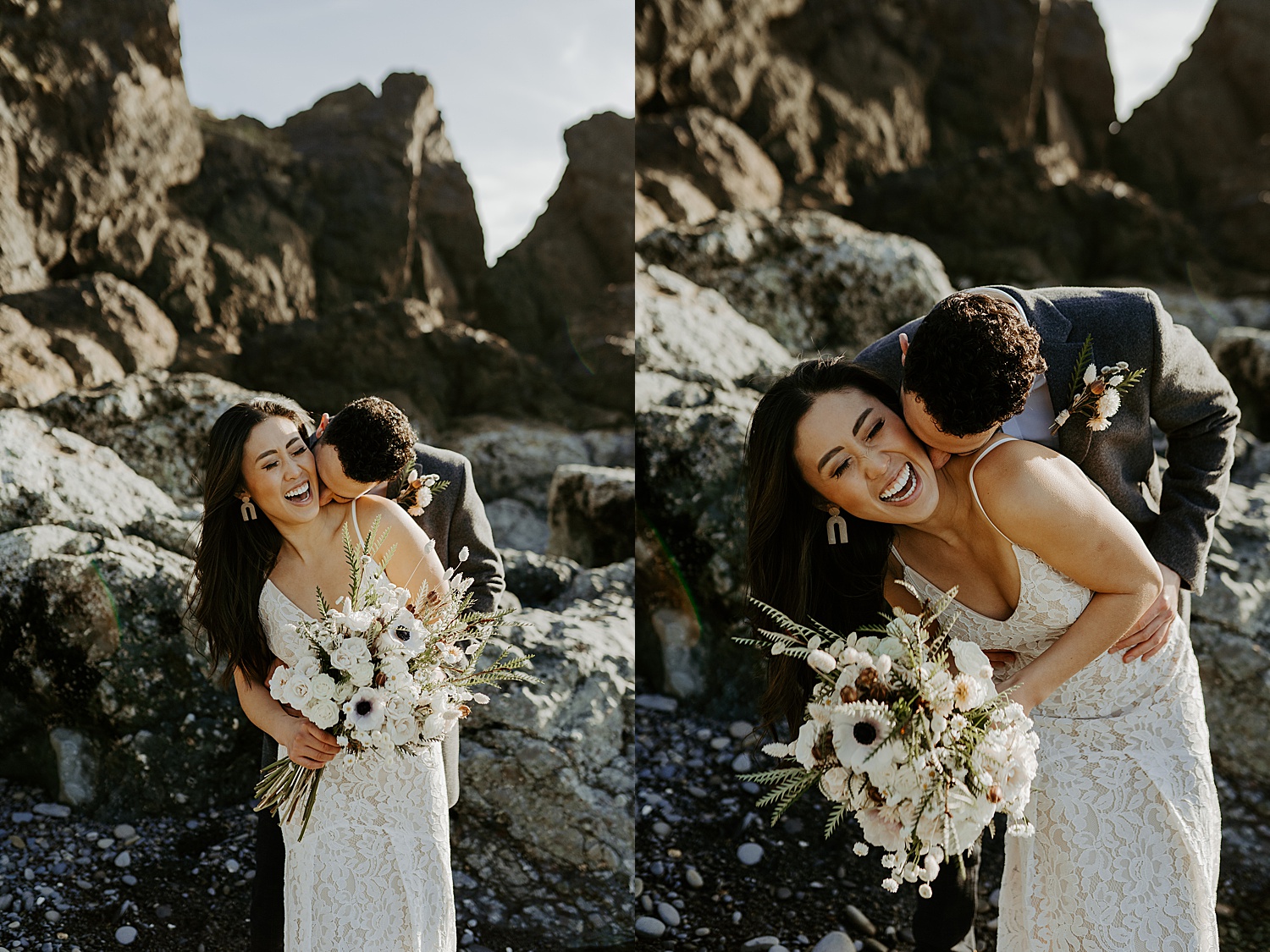 washington coast elopement formal portraits with the couple laughing