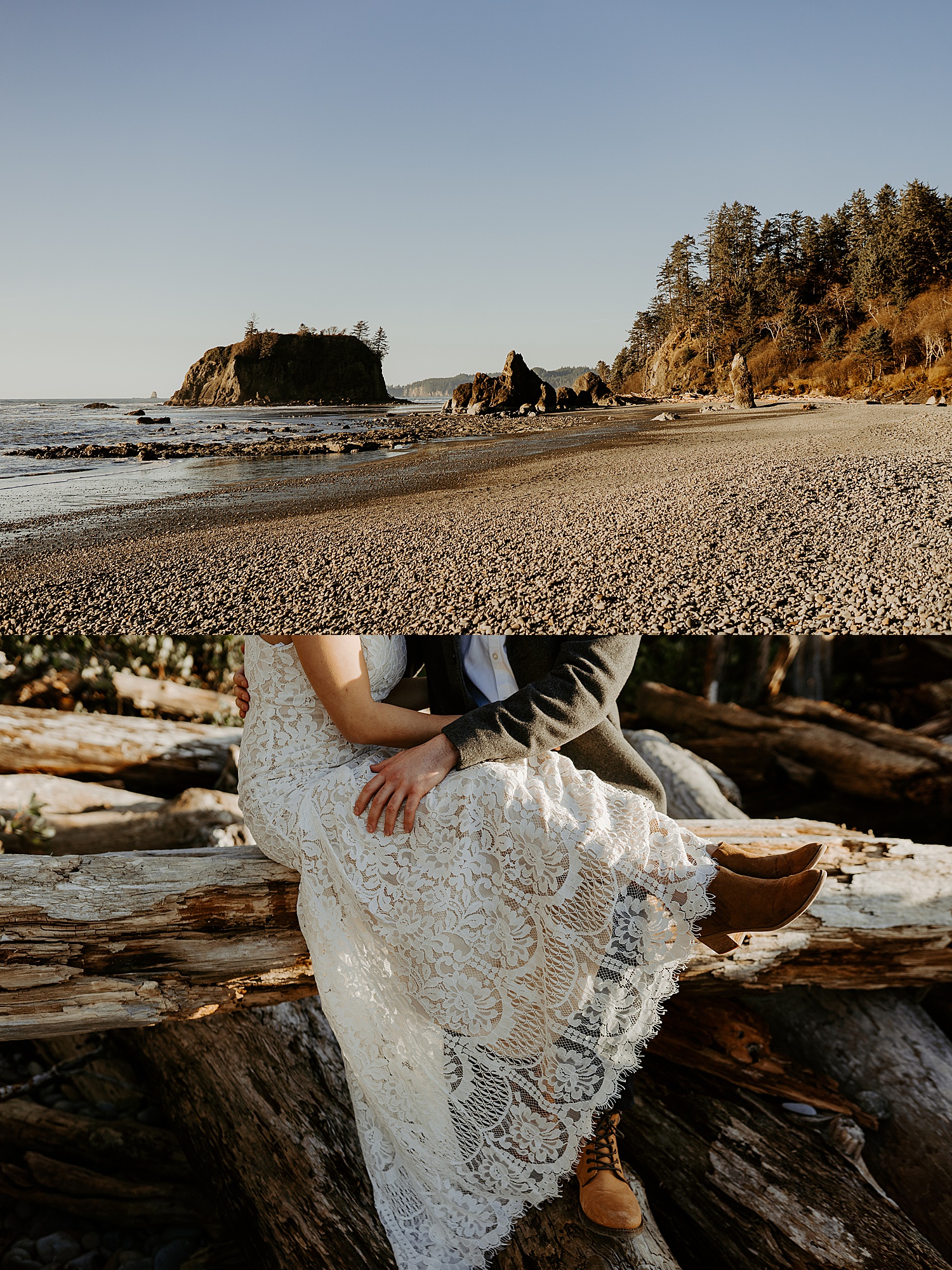 married couple sitting in their wedding attire on logs at ruby beach