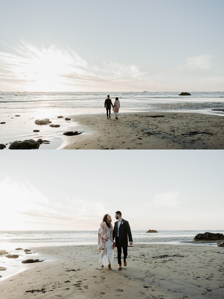 eloping couple walking on the beach at sunset