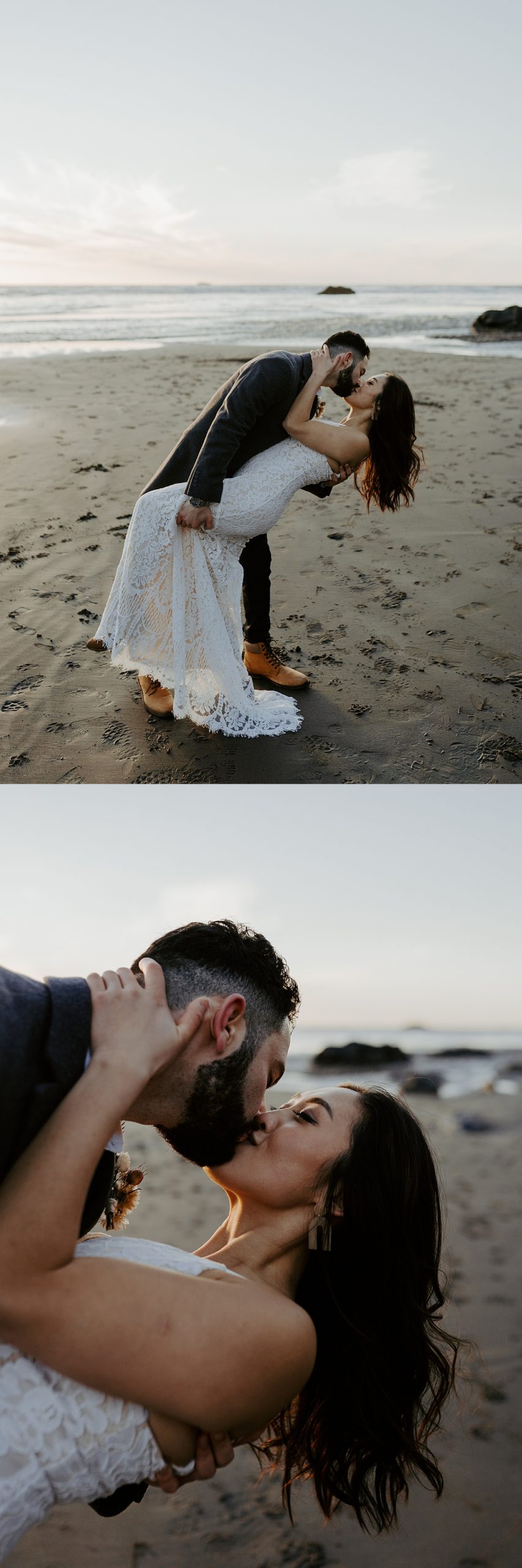 eloping couple kiss dipping on a sandy beach at sunset in washington