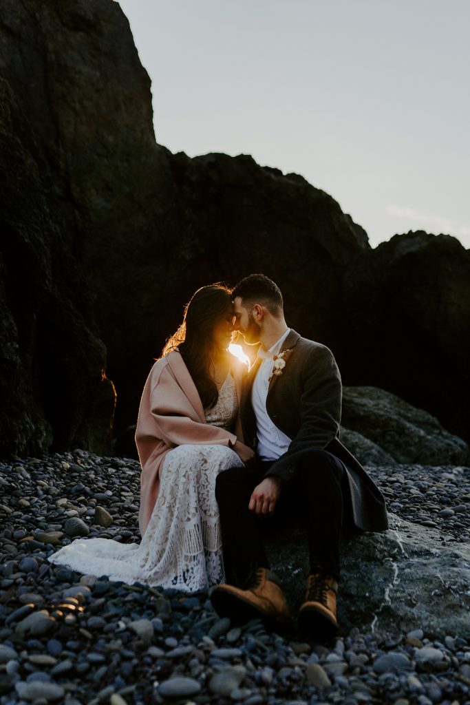 elopement formal portraits at sunset on the washington coast