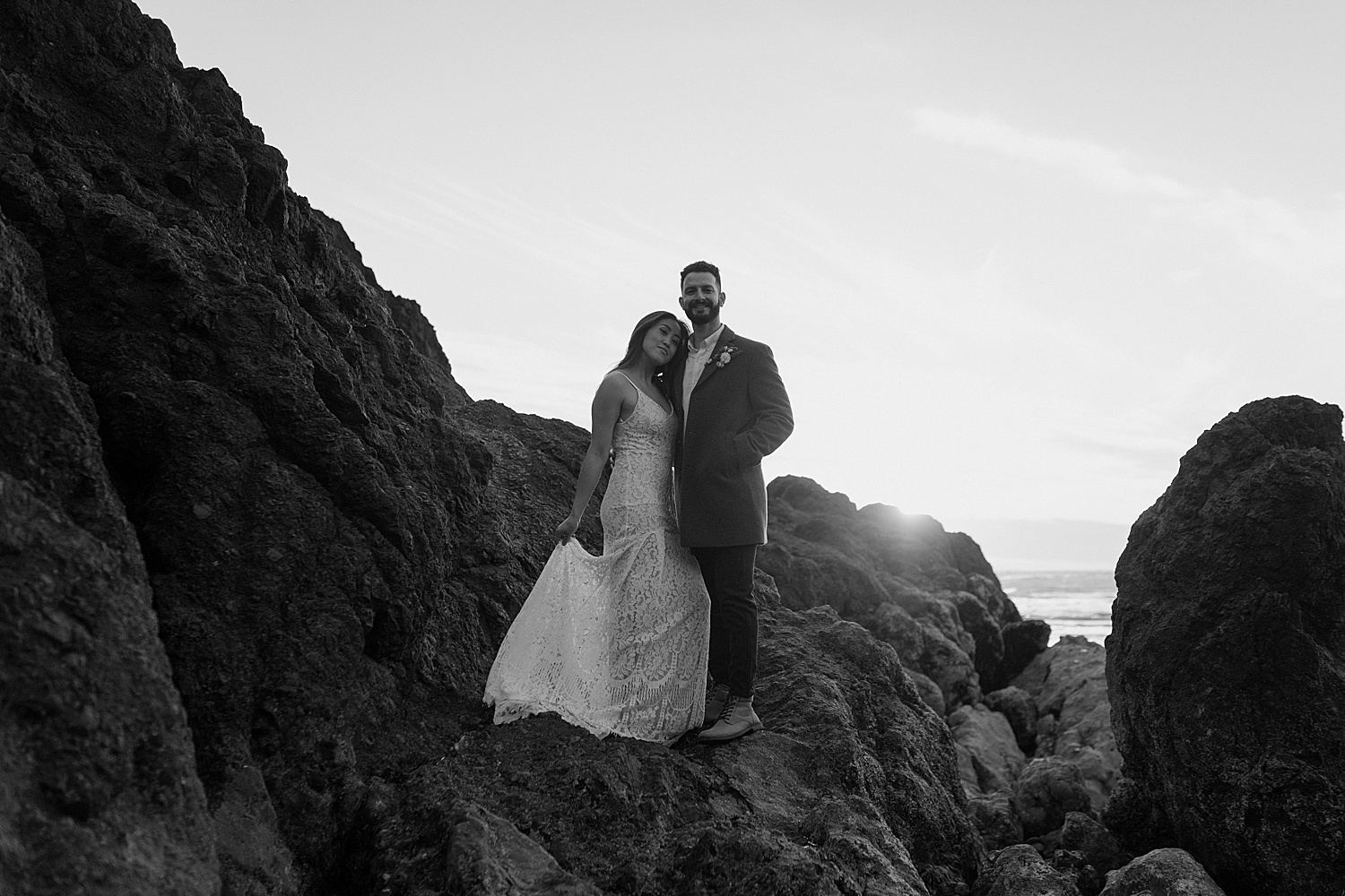 black and white eloping bridal portrait at the coast