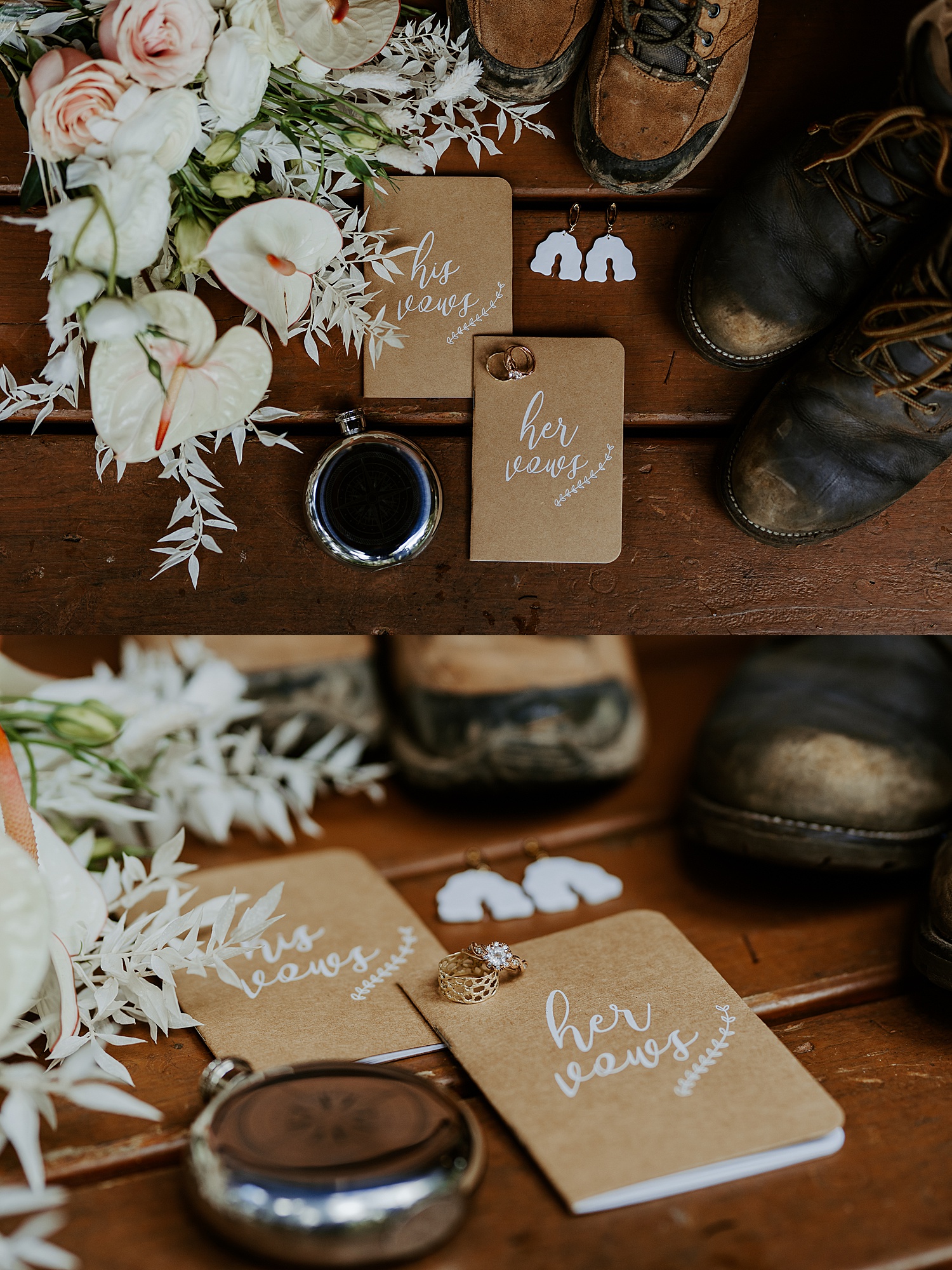 Winter elopement details with hiking boots and vow books