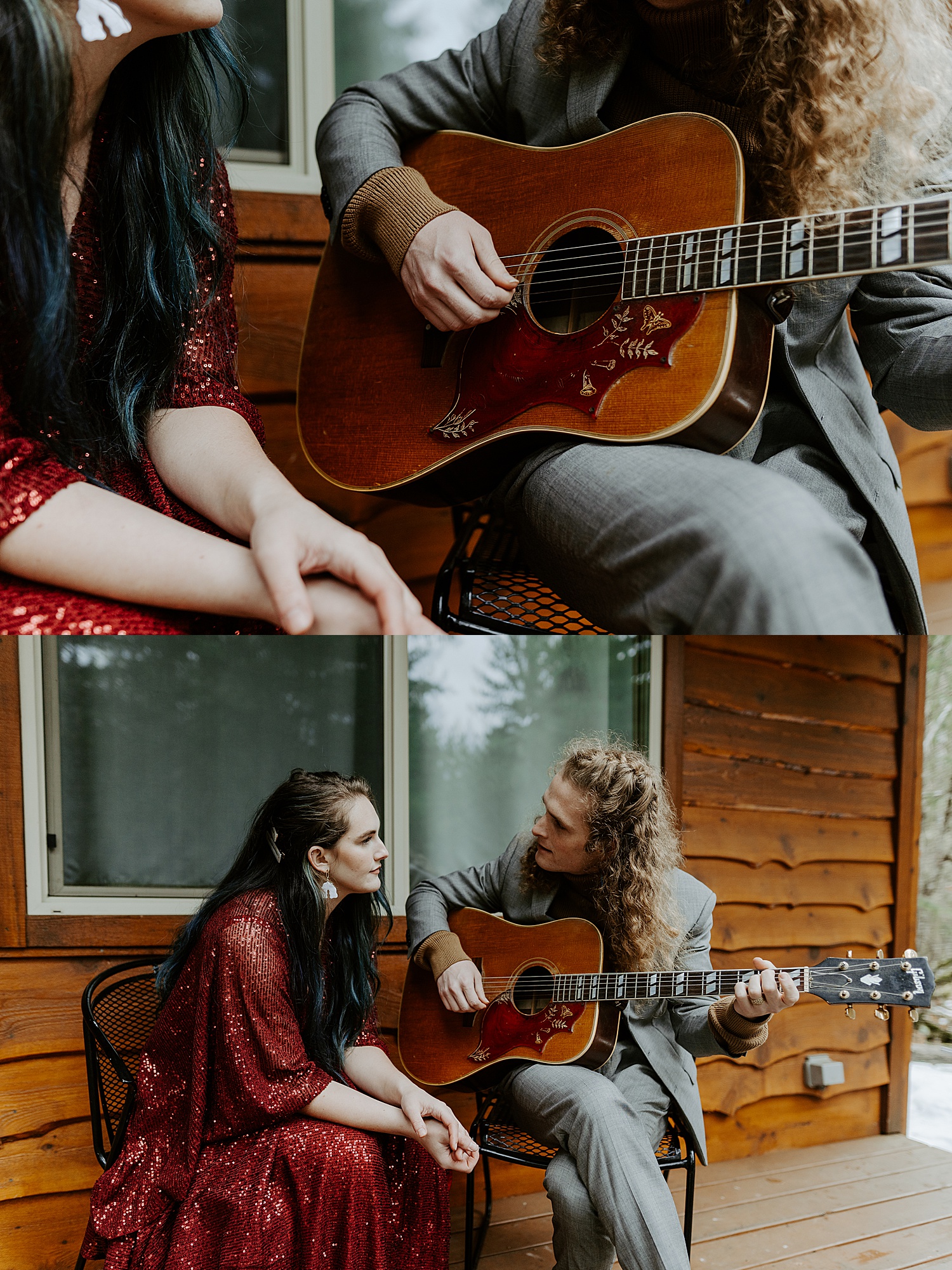 eloping couple playing guitar at a cabin