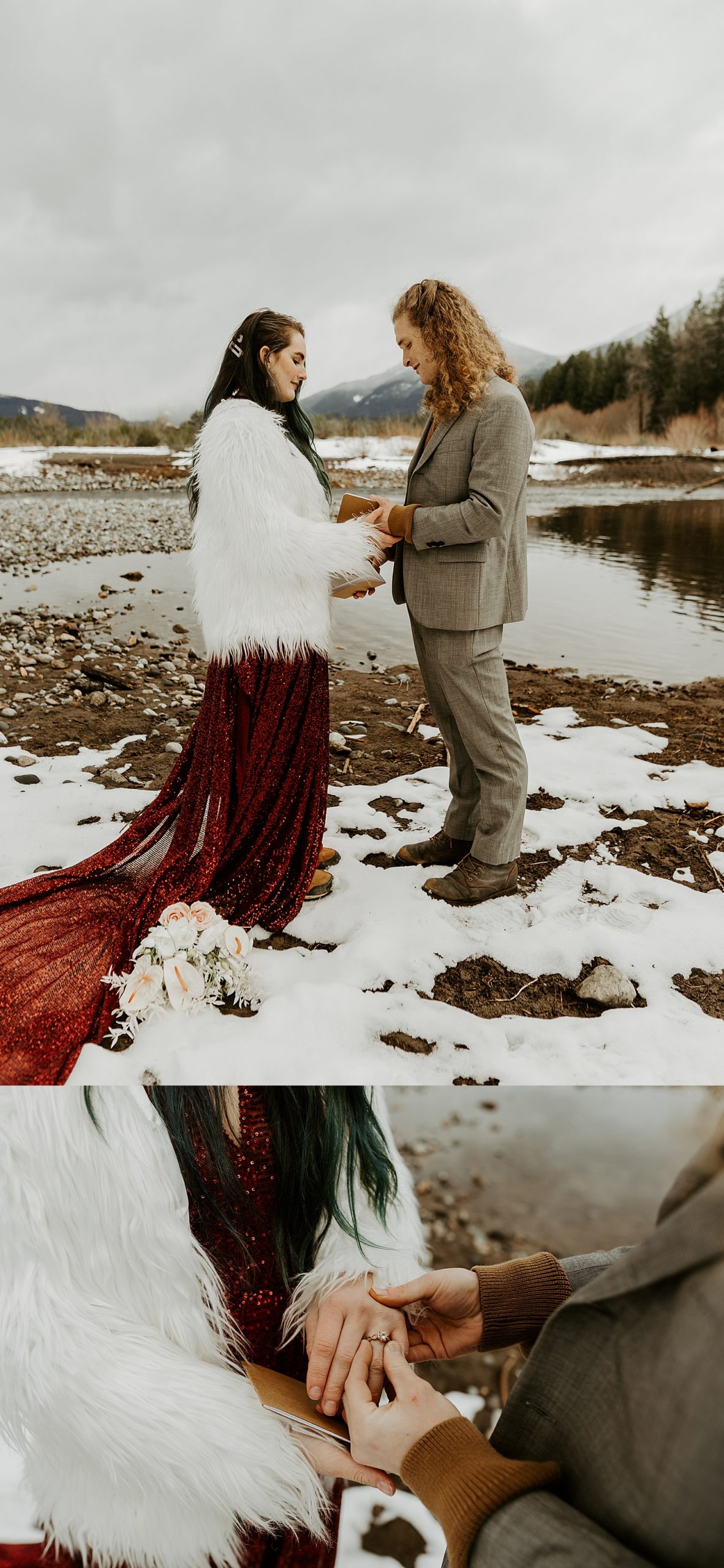 riverside winter elopement ceremony in the mountains