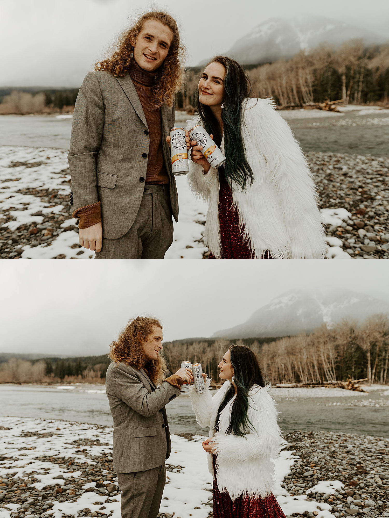 riverside winter elopement in the mountains with white claws