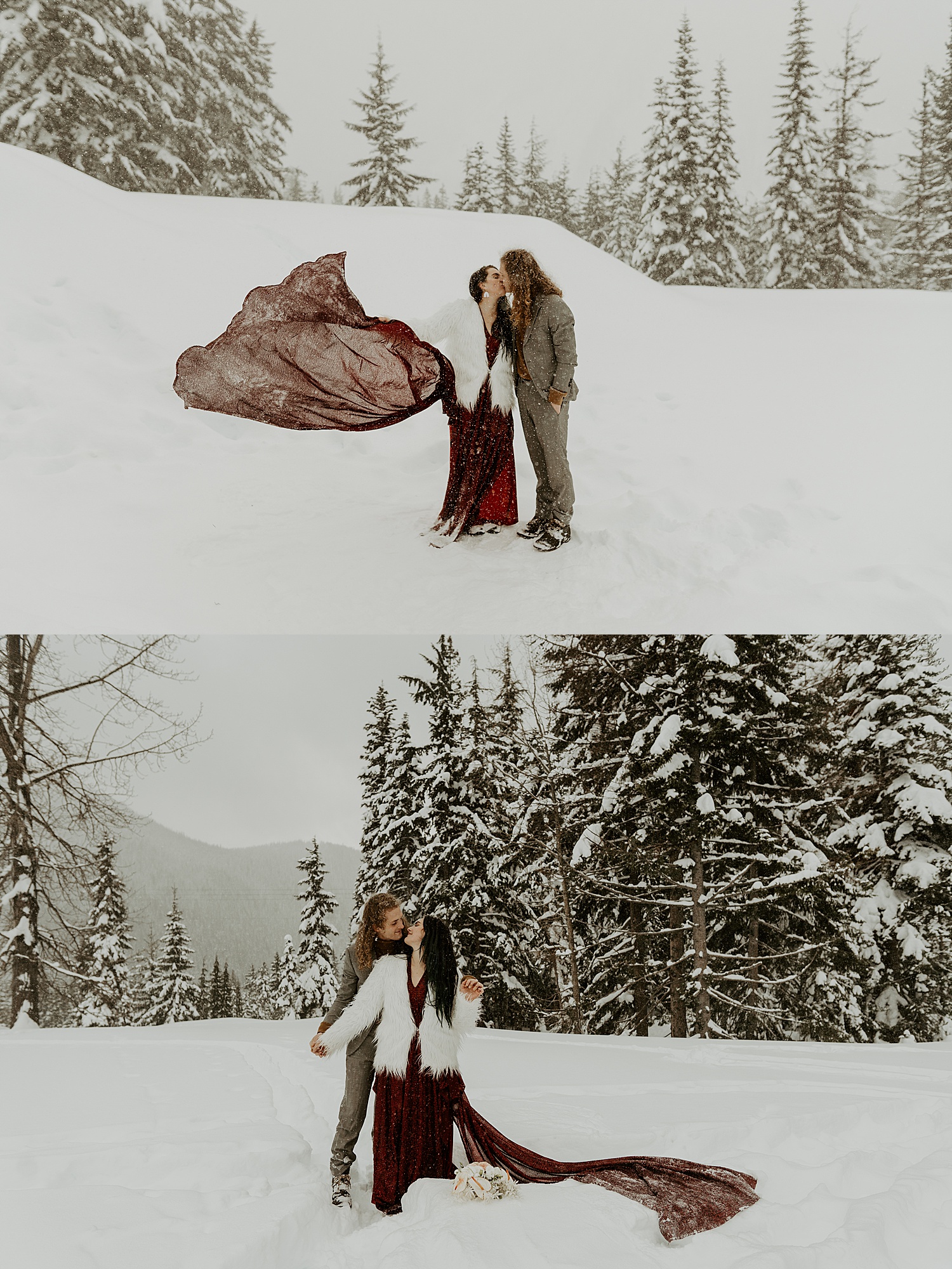 snowy washington winter elopement couples portraits with the bride wearing a red dress