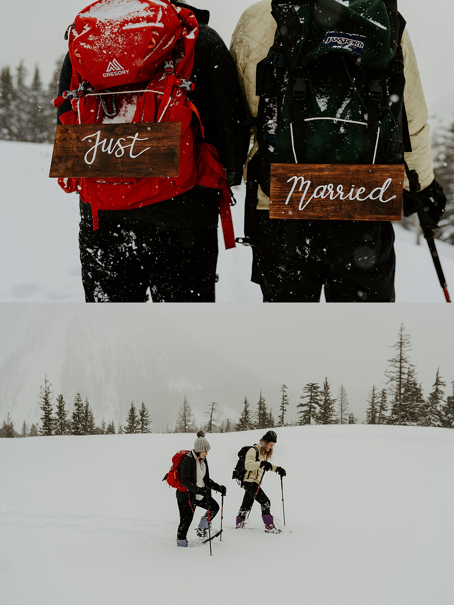 newly married couple snowshoeing at white pass