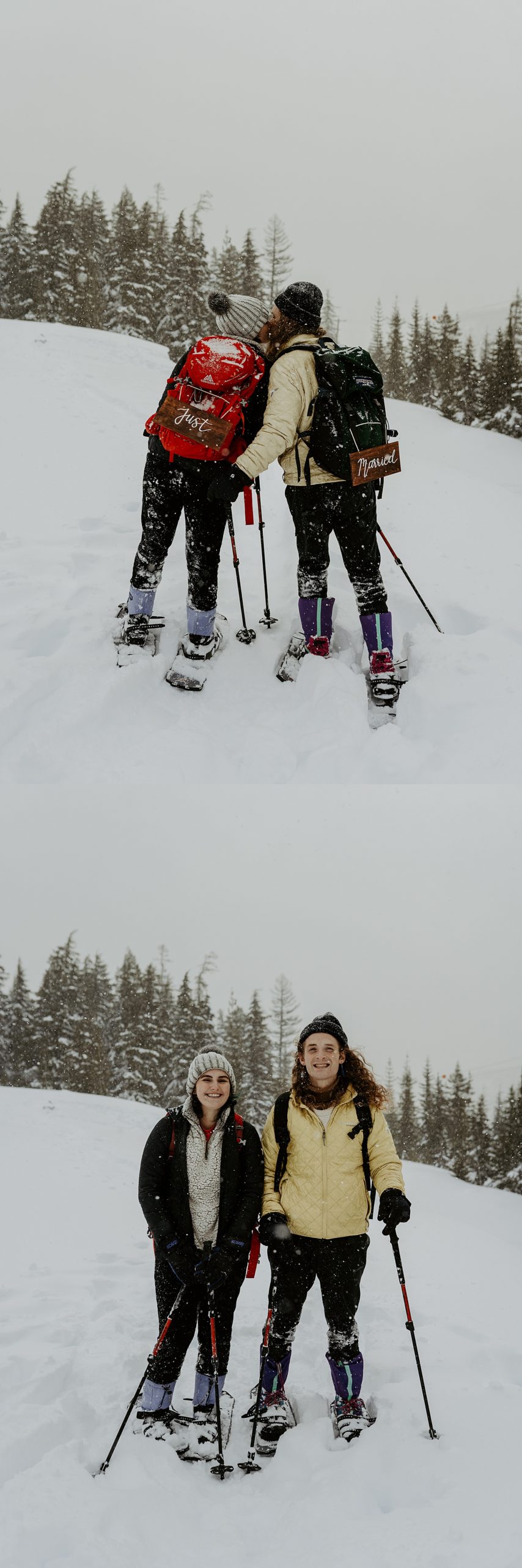 newly married couple snowshoeing at white pass