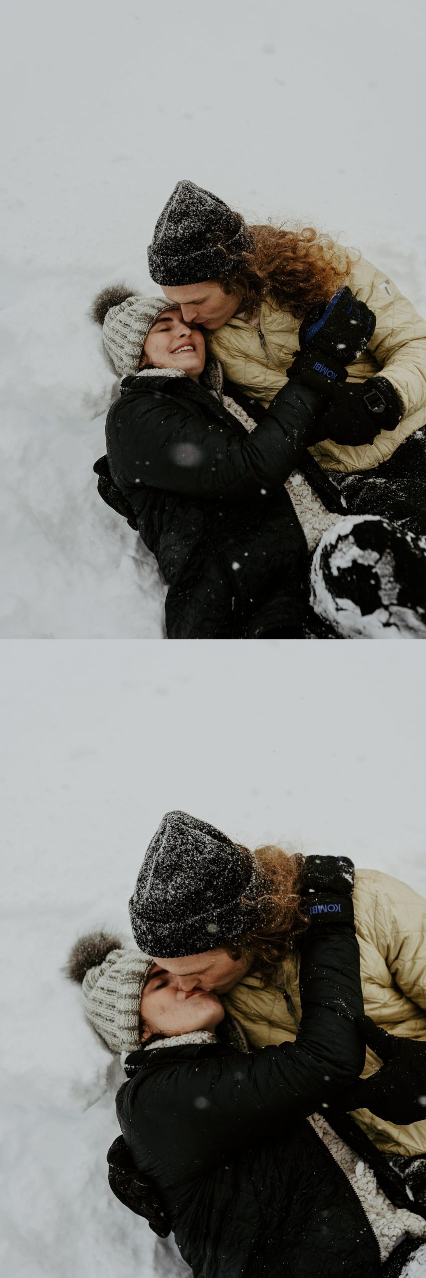 newly married couple laying down and kissing in the snow