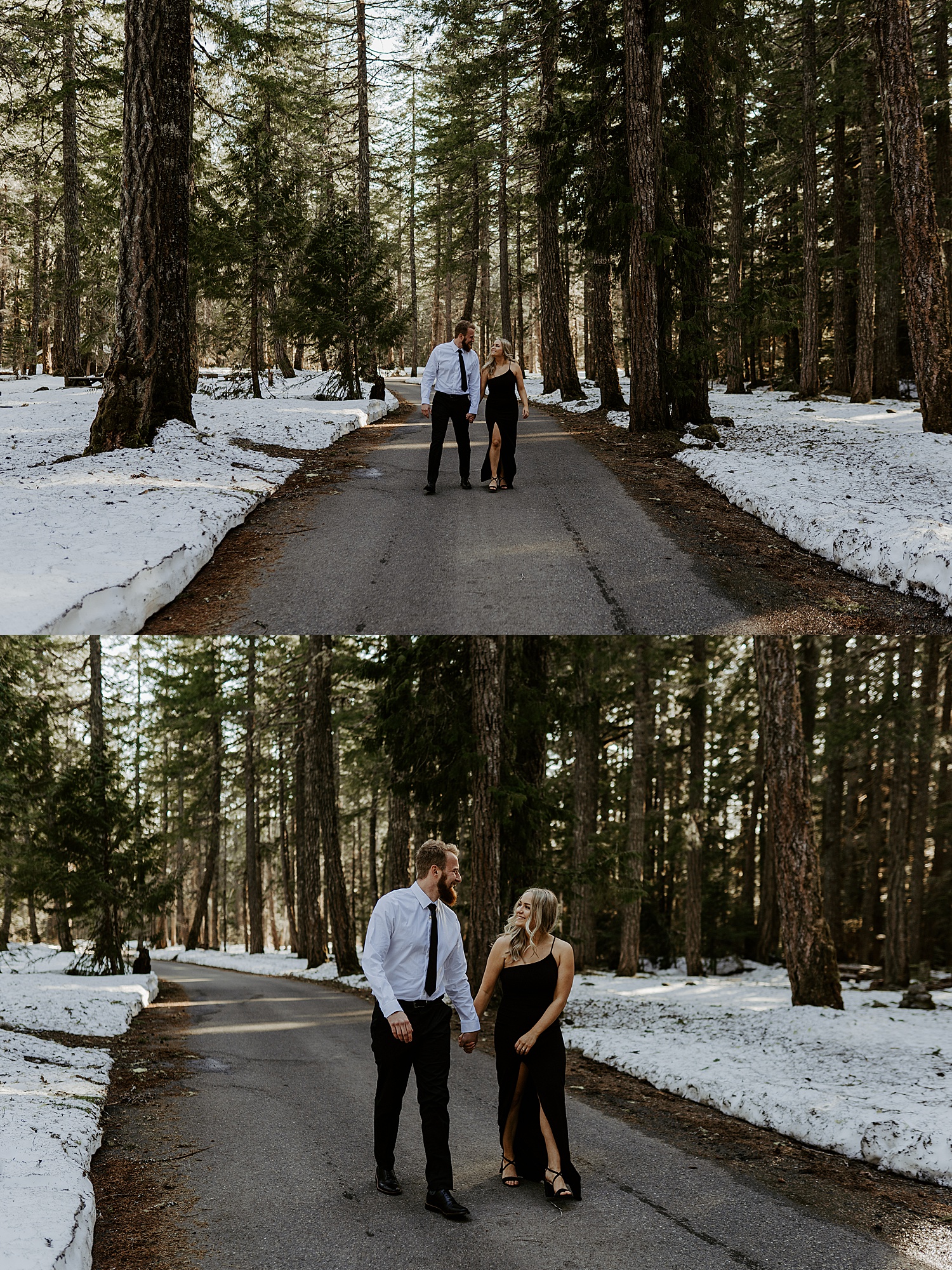 couple walking in the forest in formal attire