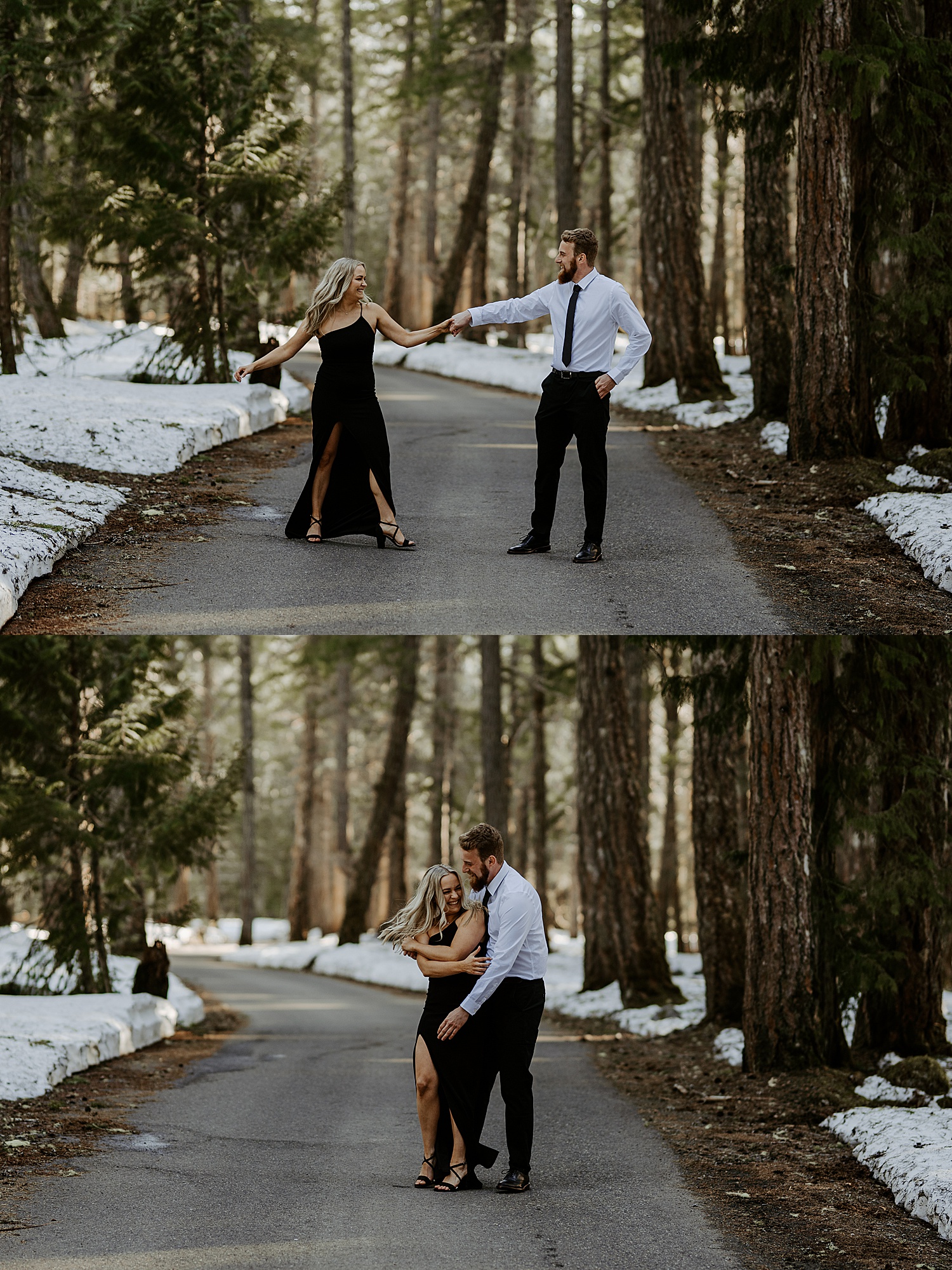 engaged couple in formal attire dancing in the forest