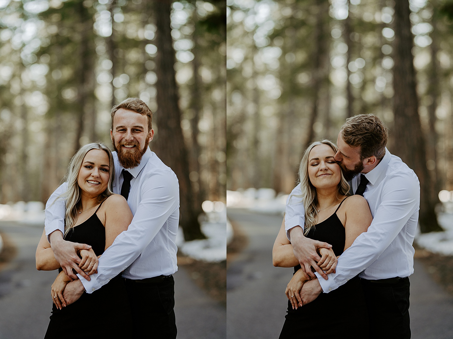 engaged couple smiling and hugging in the forest