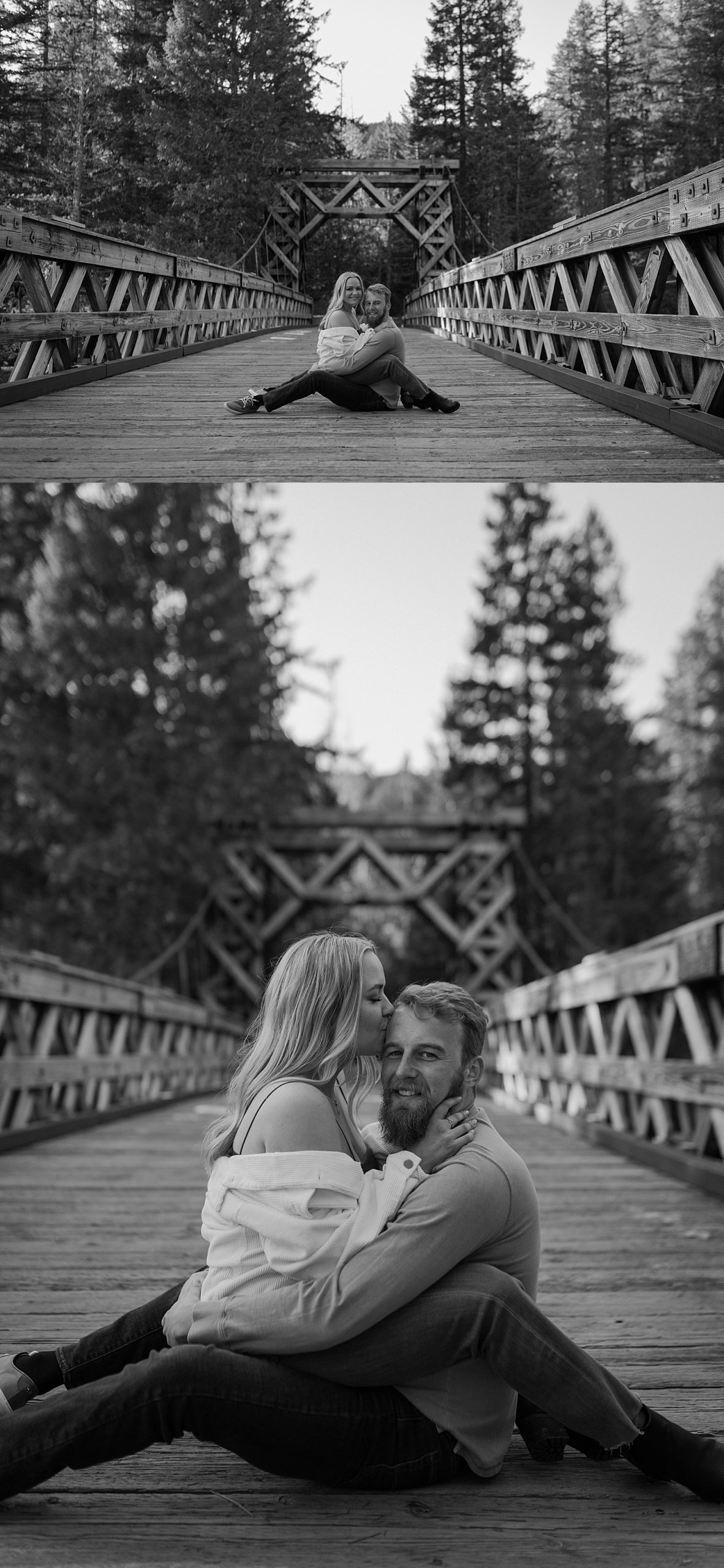 black and white engagement photos at Longmire Mount Rainier