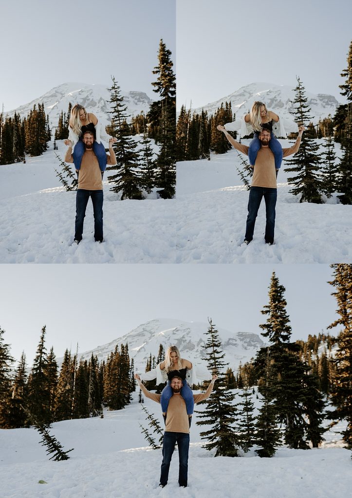 shoulder ride engagement photos at Mount Rainier in the snow