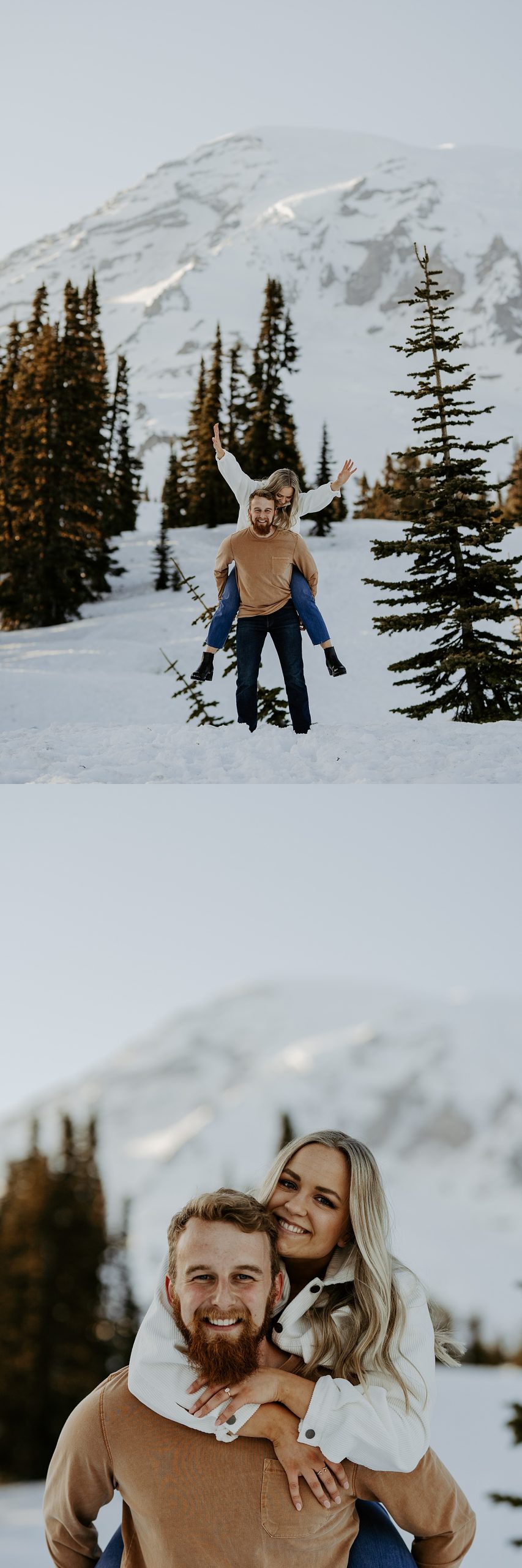 piggy back couples photos in the snow at Mount Rainier
