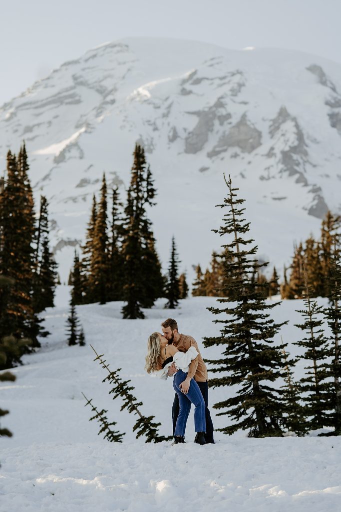 snowy winter engagement photos at Mount Rainier