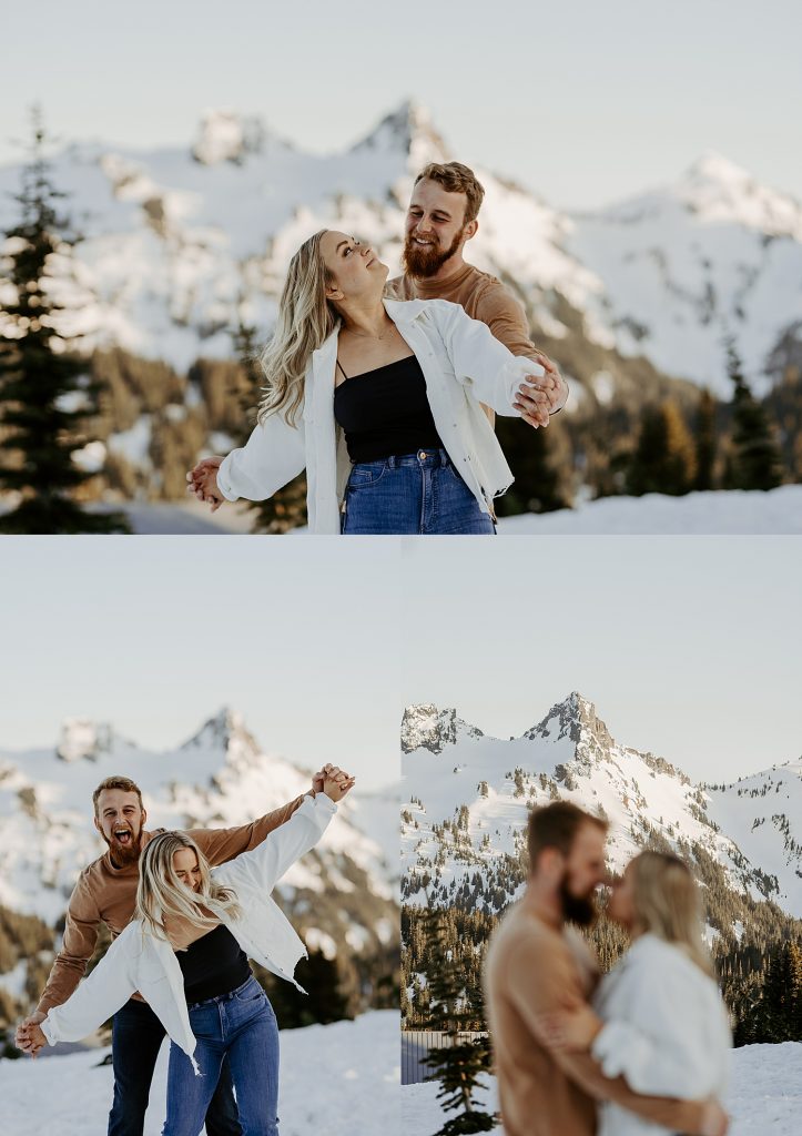 snowy winter engagement photos in the mountains