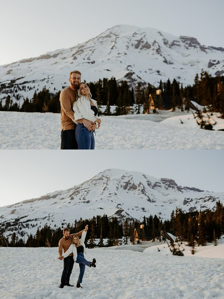 snowy winter engagement photos at sunset at Mount Rainier