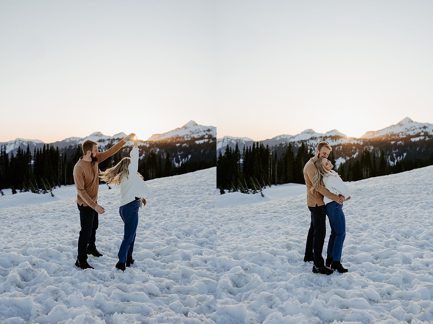 snowy winter engagement photos at sunset in the mountains