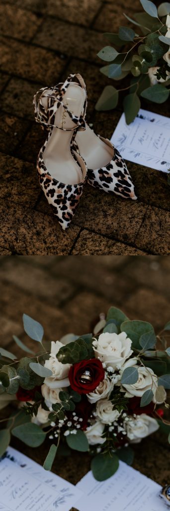 Wedding shoes, wedding rings, and wedding bouquet