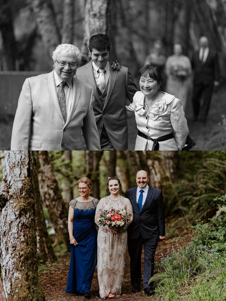 Family walking bride and groom down the aisle in the forest