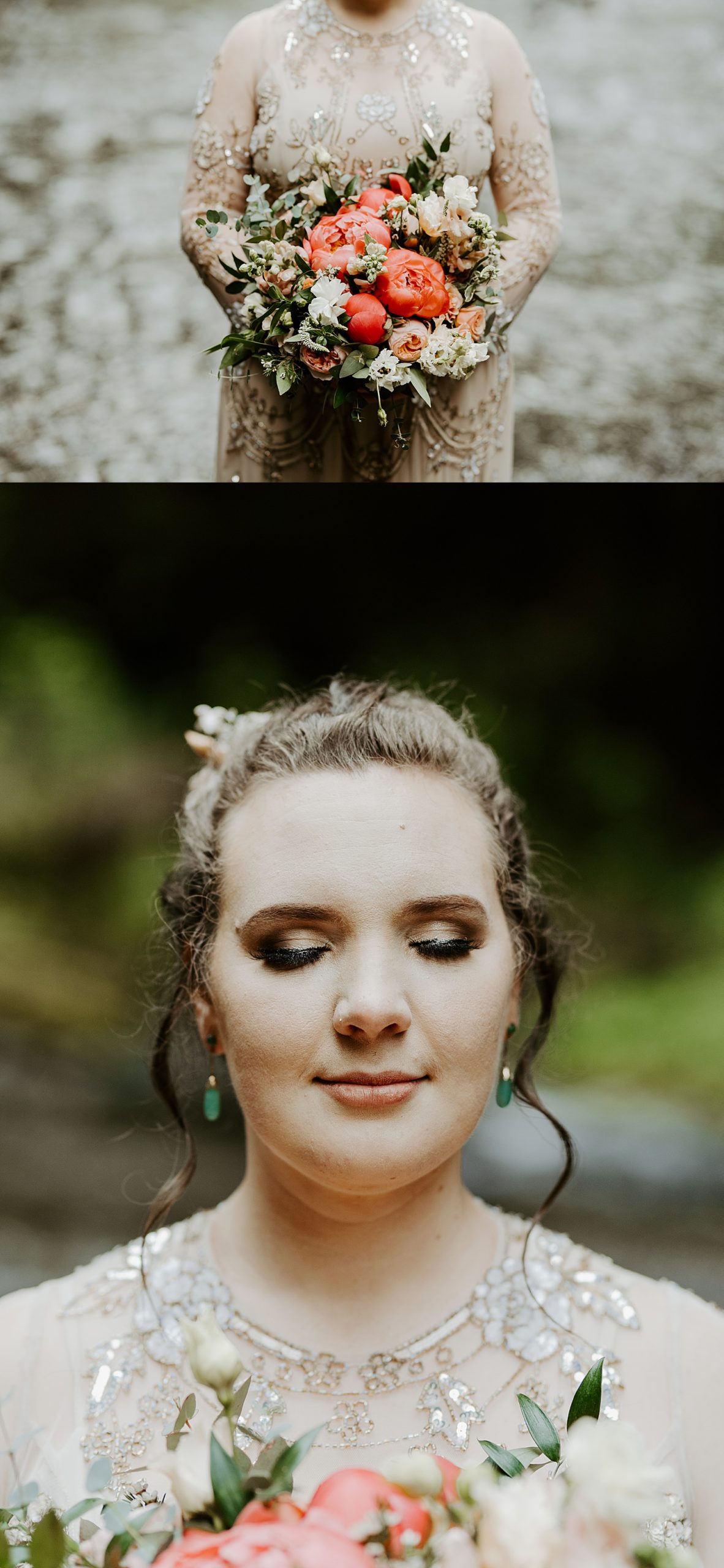 olympic national park elopement bridal portraits of hair, makeup, and florals