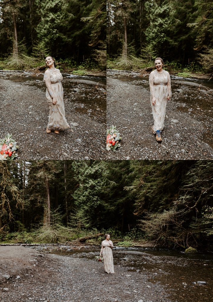 olympic national park boho bride with a unique long sleeve dress and hiking boots