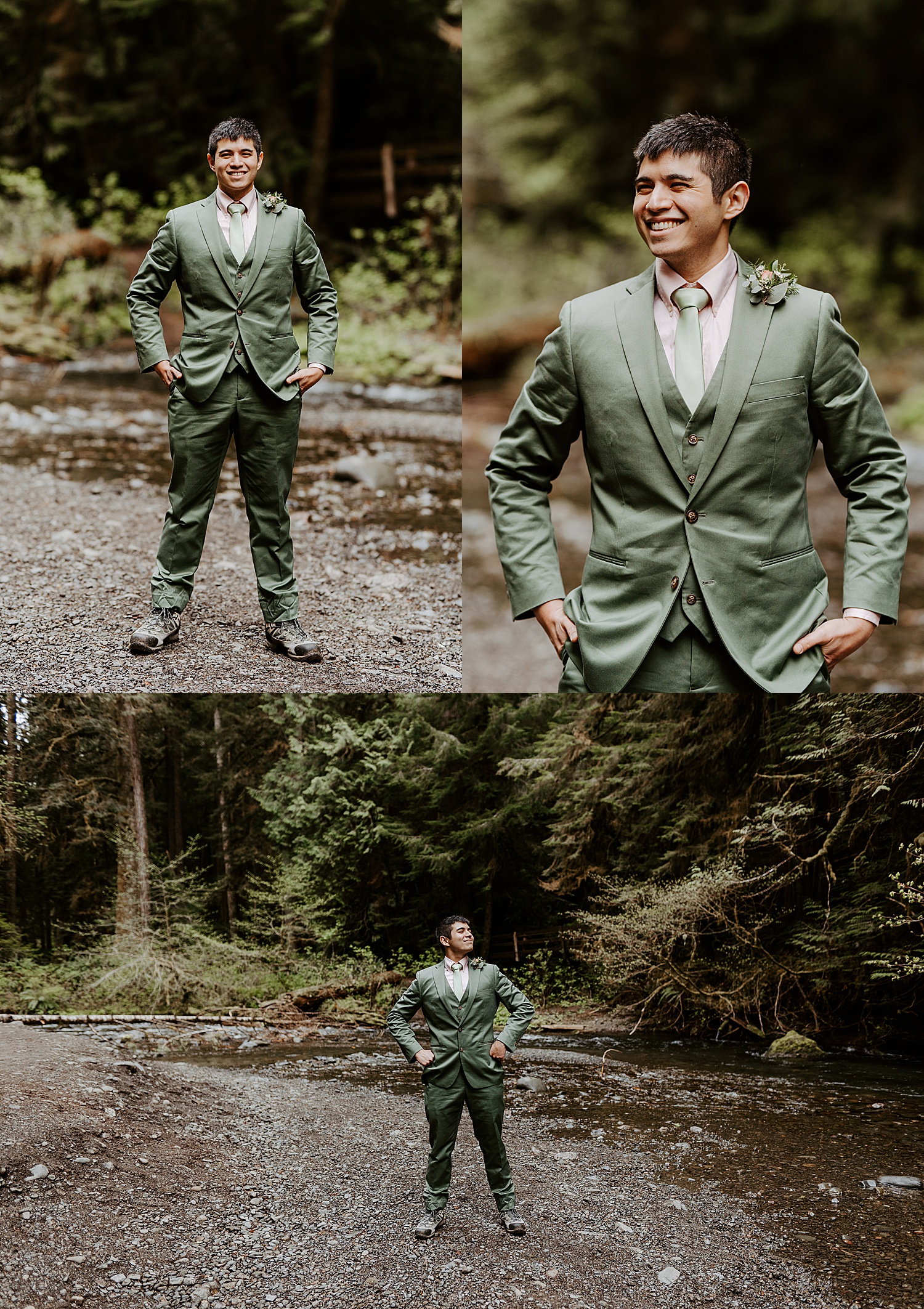 olympic national park groom with a forest green suit and hiking boots