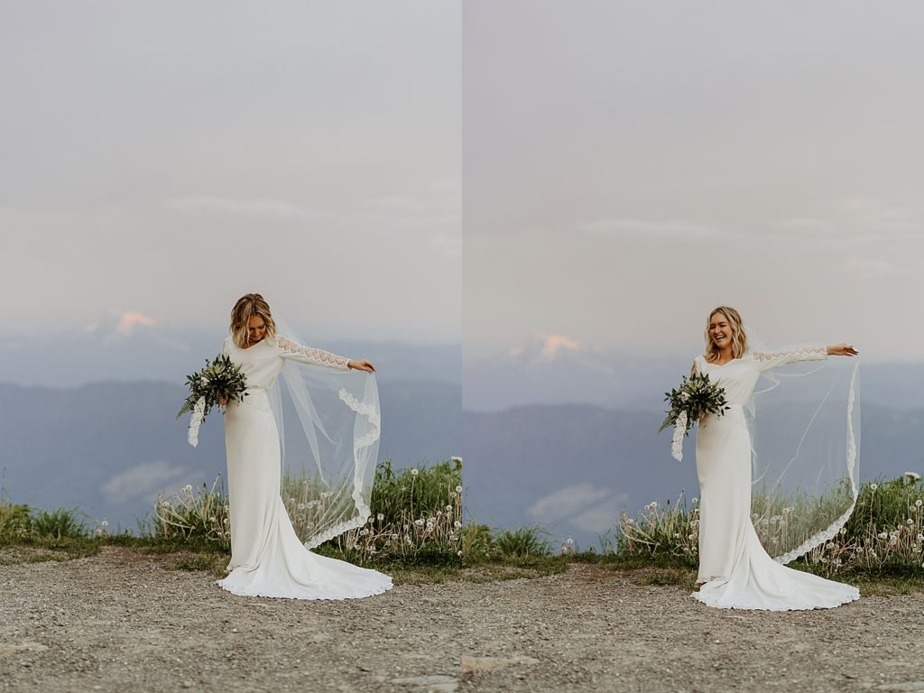 Sunrise portraits of a bride in a long sleeve dress